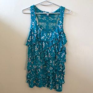 Teal floral ruffle and lace tank